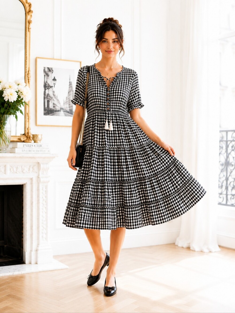 Seasty | Black & White Gingham Tiered Midi Dress | Size Medium | Cottagecore